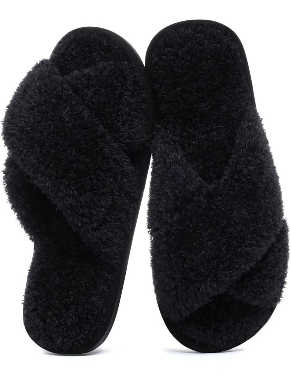 Women's Black Velvet Fuzzy Cross Band Memory Foam Open Toe Soft Slipper Shoes